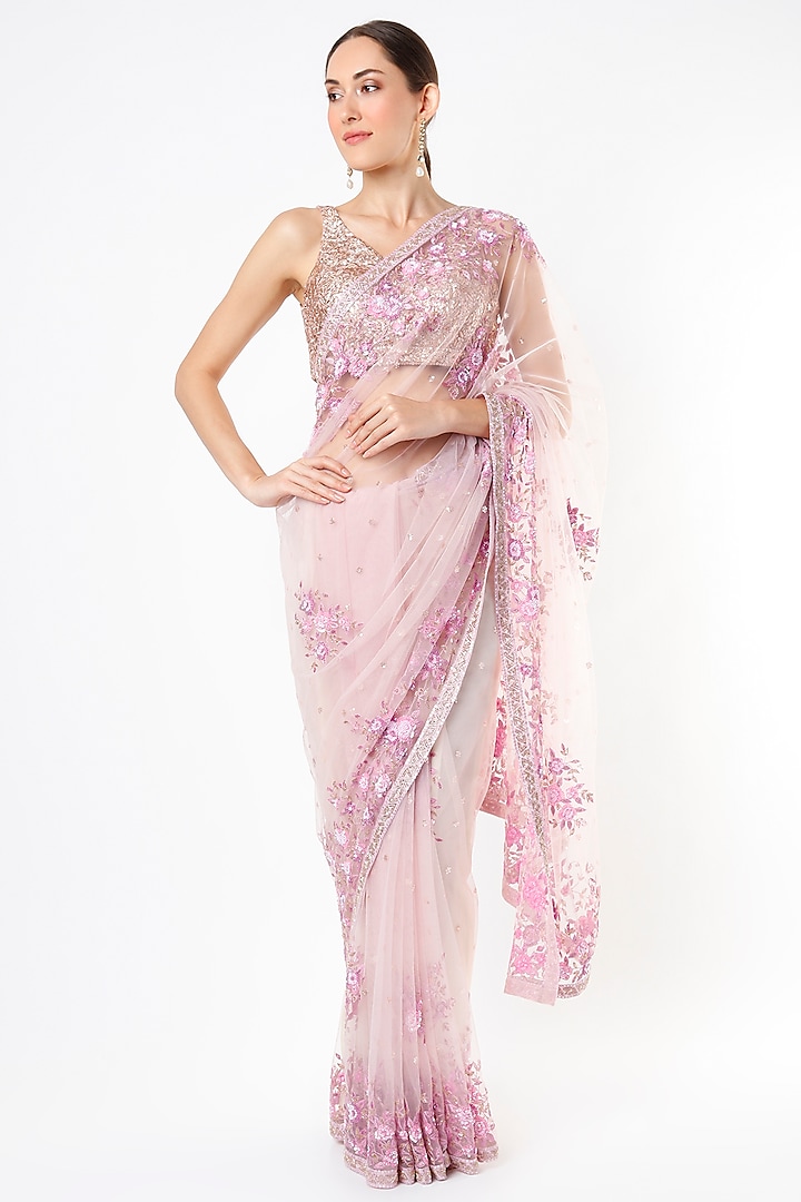 Lilac Embroidered Saree by Kalighata