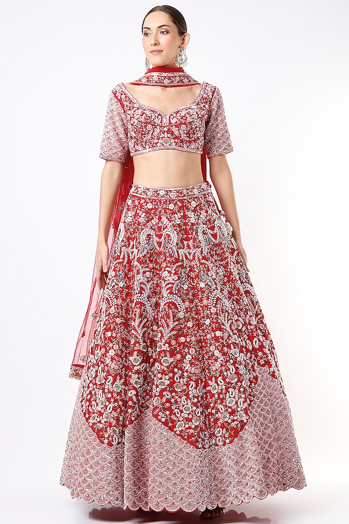 Red Hand Embroidered Wave Lehenga Set by Kalighata