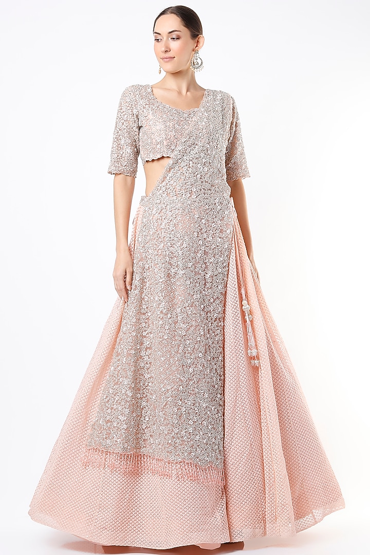 Peach Embroidered Dandelion Wedding Lehenga Set by Kalighata at Pernia's Pop Up Shop