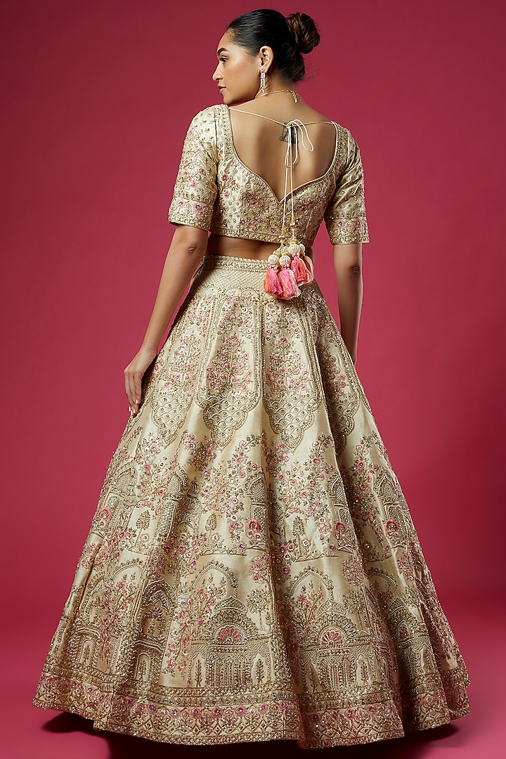 Golden Raw Silk Embellished Bridal Lehenga Set By Kalighata At Pernias