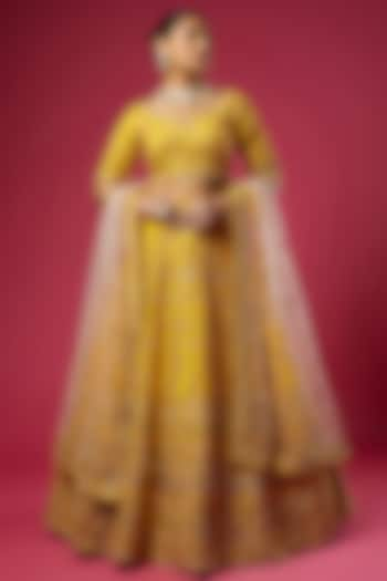 Mustard Raw Silk Embellished Wedding Lehenga Set by Kalighata at Pernia's Pop Up Shop