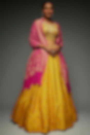 Yellow Chanderi Silk Embellished Lehenga Set by Kalighata