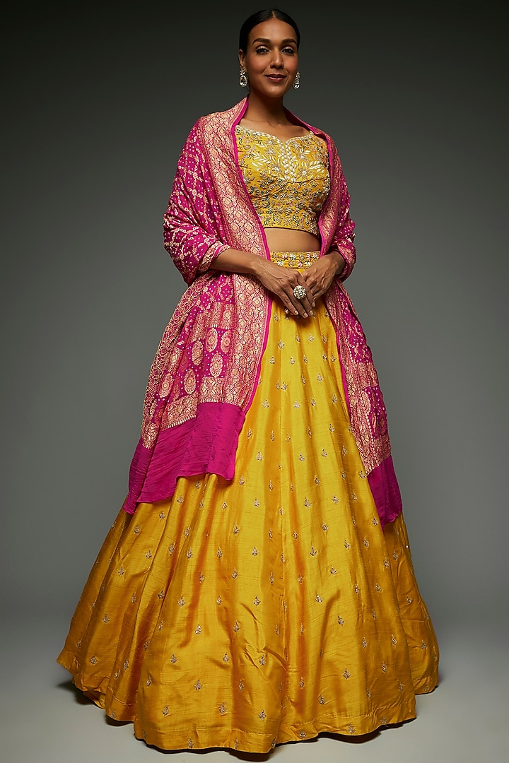 Yellow Chanderi Silk Embellished Lehenga Set by Kalighata