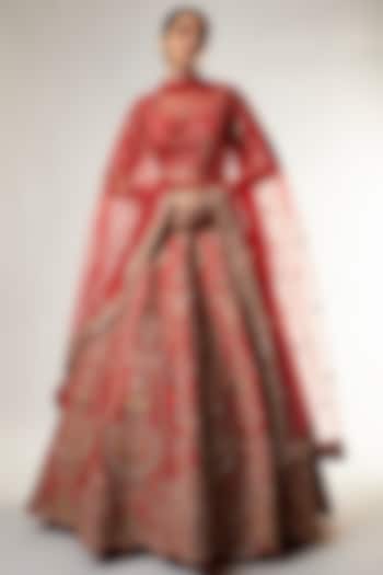 Red Raw Silk Zardosi Embellished Lehenga Set by Kalighata