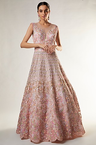 Blush Pink Organza Zardosi Embroidered Gown by Kalighata