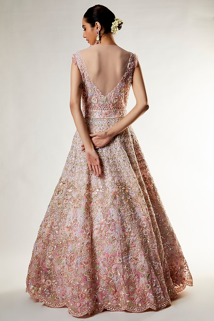 Blush Pink Organza Zardosi Embroidered Bridal Gown by Kalighata at Pernia's Pop Up Shop
