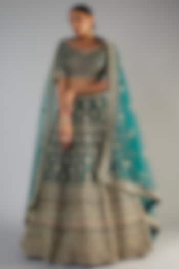 Green Raw Silk Embellished Bridal Lehenga Set by Kalighata at Pernia's Pop Up Shop