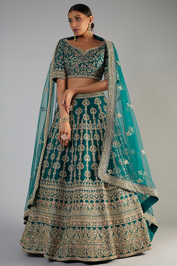 Green Raw Silk Embellished Bridal Lehenga Set by Kalighata at Pernia's Pop Up Shop