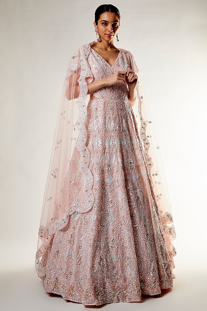 Peach Organza Embroidered Gown by Kalighata