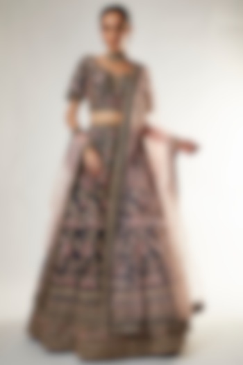 Navy Raw Silk Zardosi Embroidered Bridal Lehenga Set by Kalighata at Pernia's Pop Up Shop