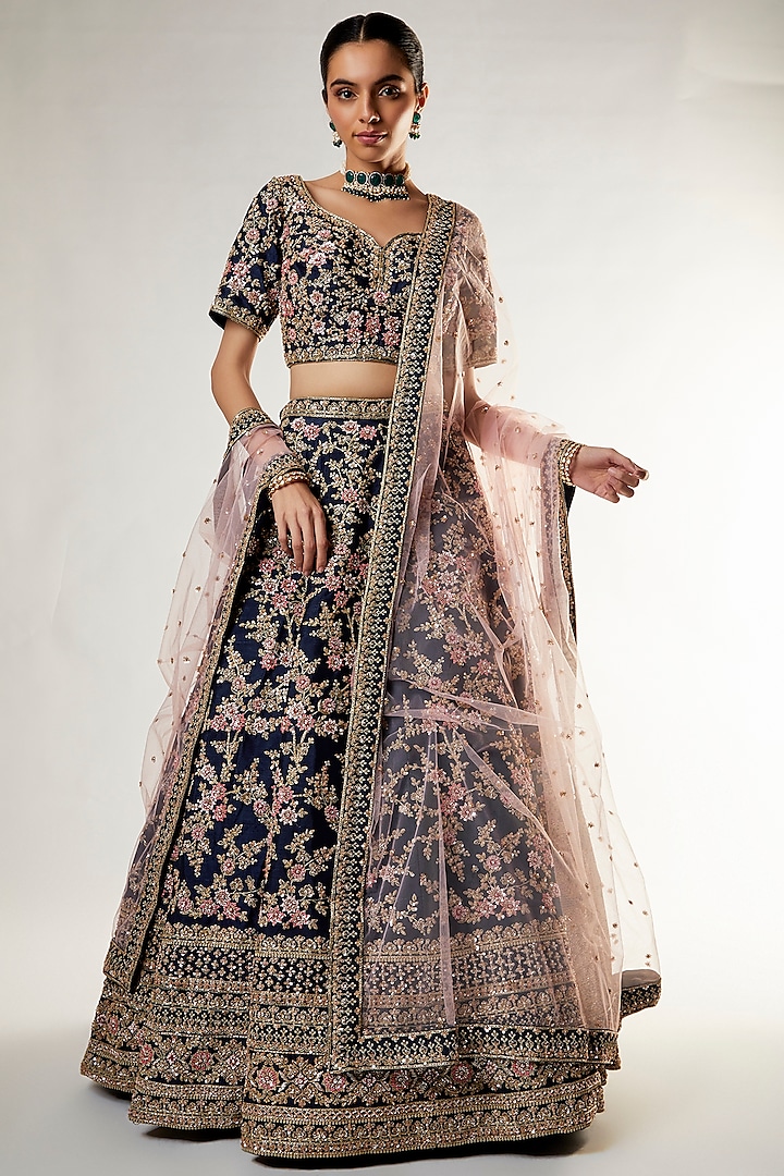 Navy Raw Silk Zardosi Embroidered Bridal Lehenga Set by Kalighata at Pernia's Pop Up Shop