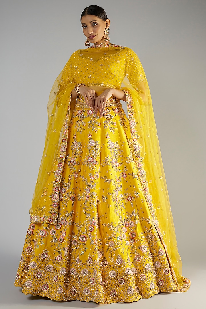 Yellow Raw Silk Embroidered Lehenga Set by Kalighata at Pernia's Pop Up Shop