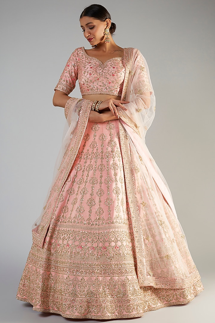 Blush Pink Raw Silk Embellished Bridal Lehenga Set by Kalighata at Pernia's Pop Up Shop