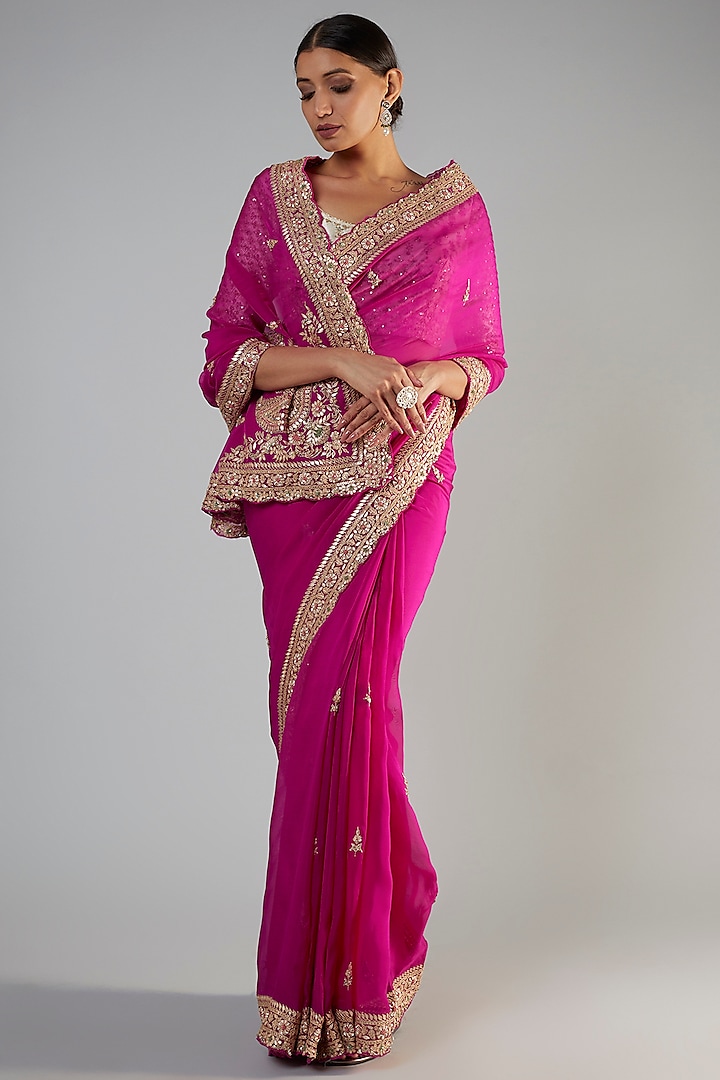 Pink Organza Sequins Embellished Saree Set by Kalighata