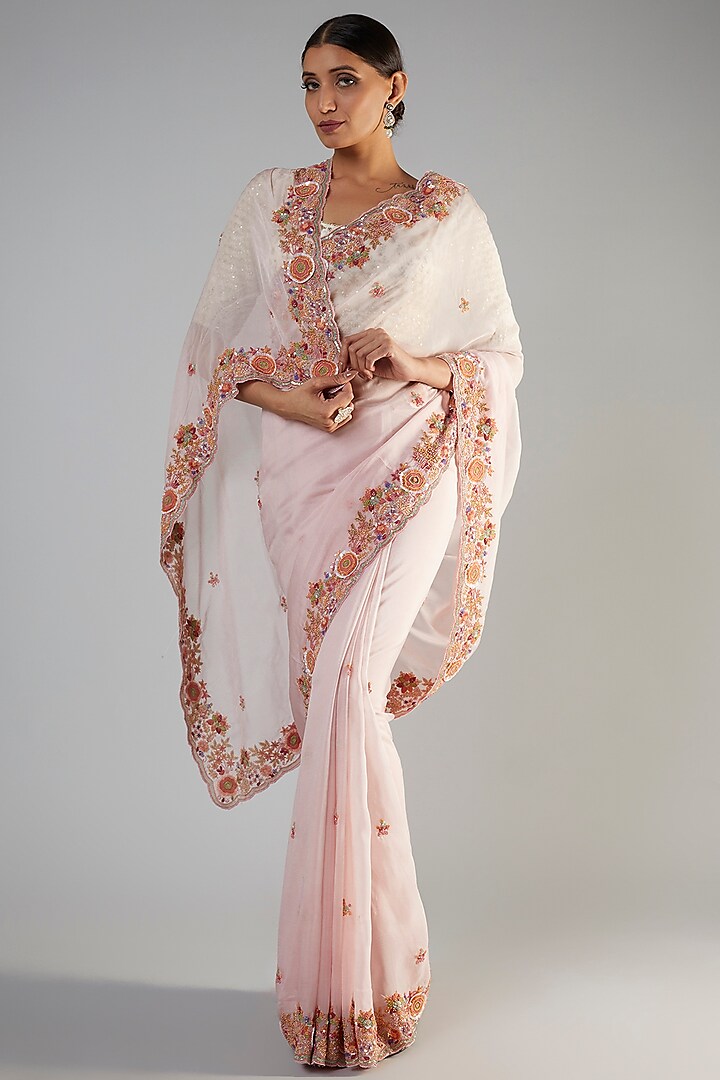 Peach Organza Sequins Embellished Saree Set by Kalighata