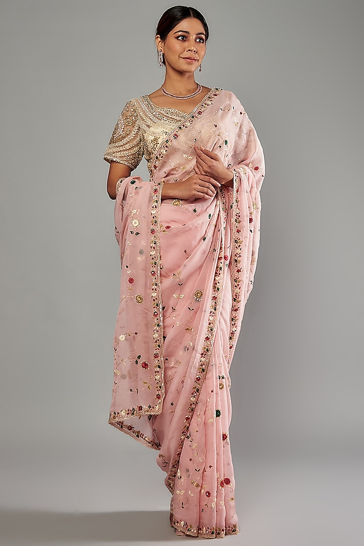 Peach Tissue Organza Embroidered Saree Set by Kalighata