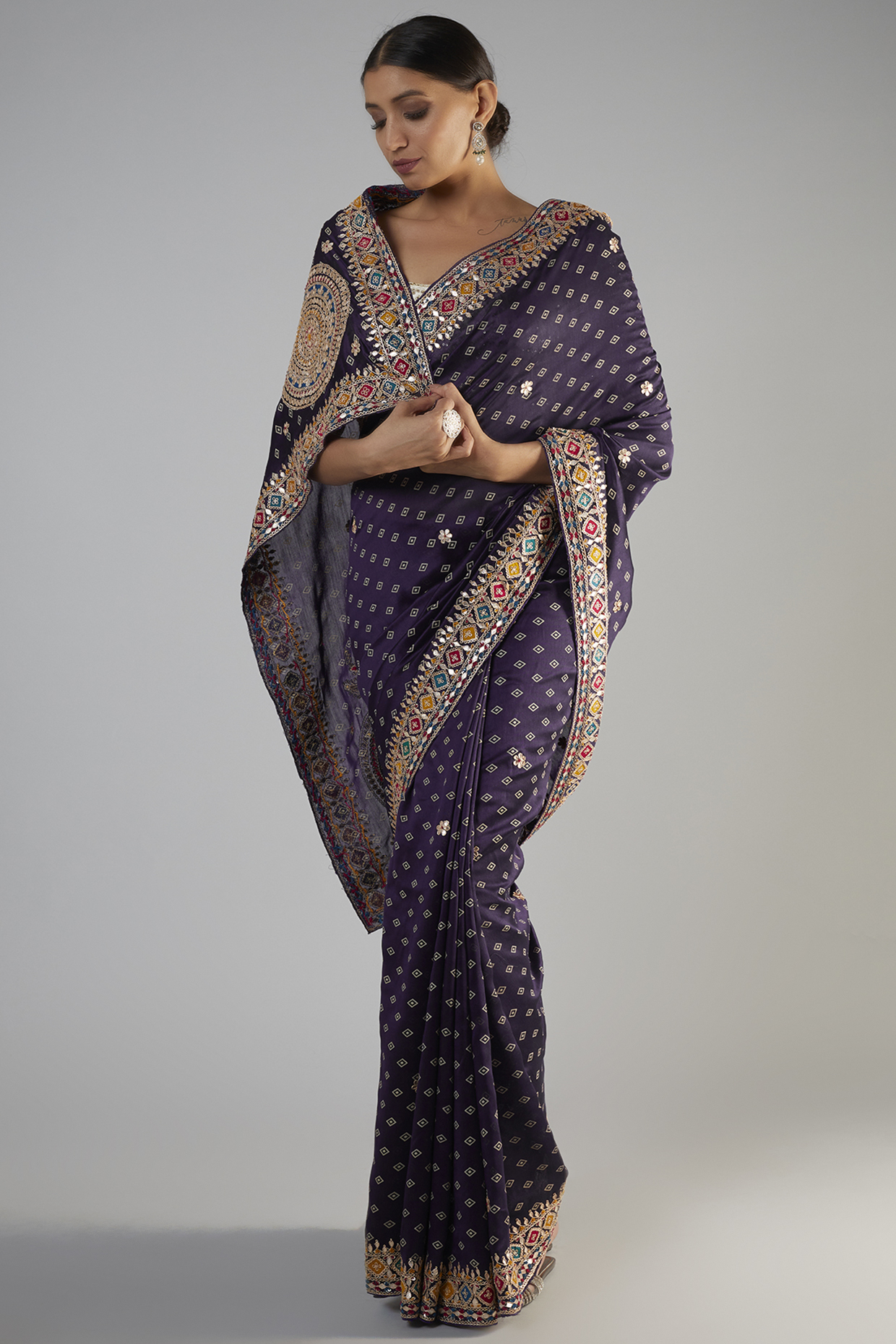 Purple Tissue Organza Embroidered Saree Set by Kalighata