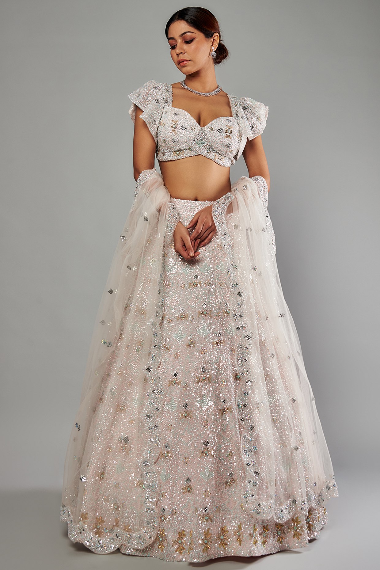 Peach Net Embellished Wedding Lehenga Set by Kalighata at Pernia's Pop Up Shop