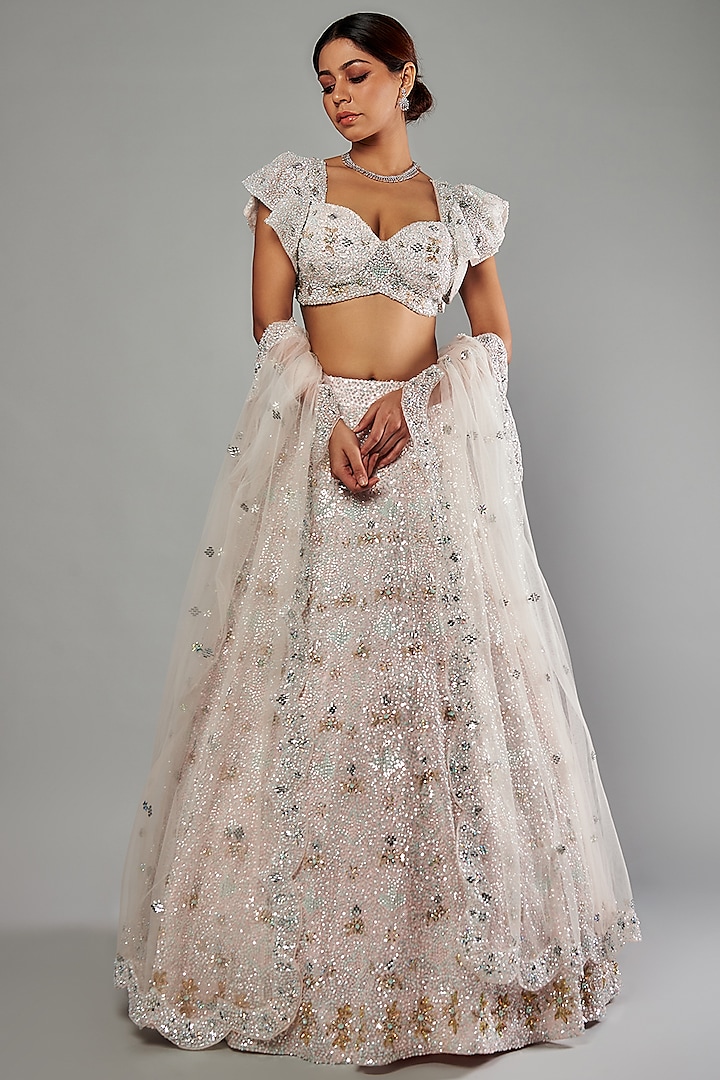 Peach Net Embellished Wedding Lehenga Set by Kalighata at Pernia's Pop Up Shop