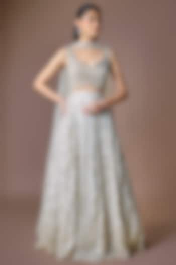 Ivory Net Cutdana Embellished Bridal Lehenga Set by Kalighata at Pernia's Pop Up Shop