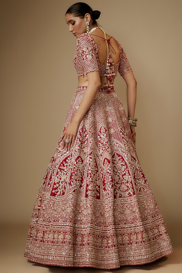 Red Raw Silk Sequins & Cutdana Embroidered Bridal Lehenga Set by Kalighata at Pernia's Pop Up Shop