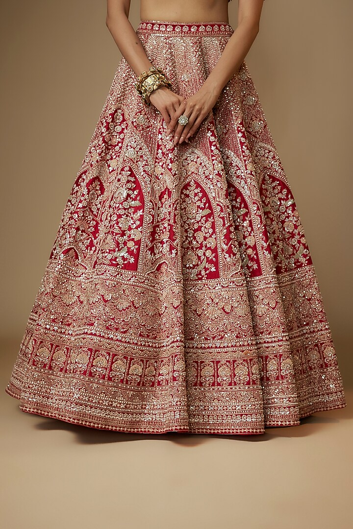 Red Raw Silk Sequins & Cutdana Embroidered Bridal Lehenga Set by Kalighata at Pernia's Pop Up Shop
