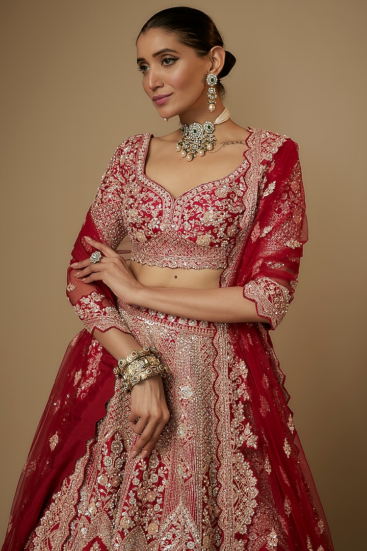 Red Raw Silk Sequins & Cutdana Embroidered Bridal Lehenga Set by Kalighata at Pernia's Pop Up Shop