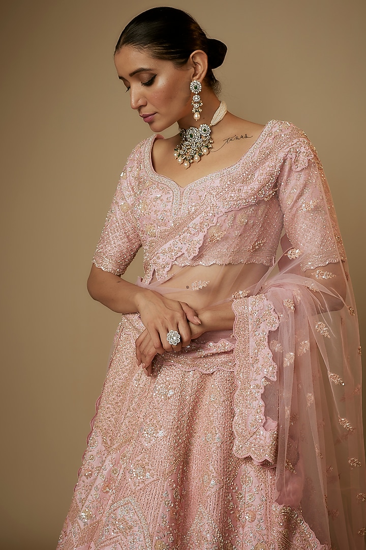 Pink Raw Silk Sequins & Cutdana Embroidered Bridal Lehenga Set by Kalighata at Pernia's Pop Up Shop