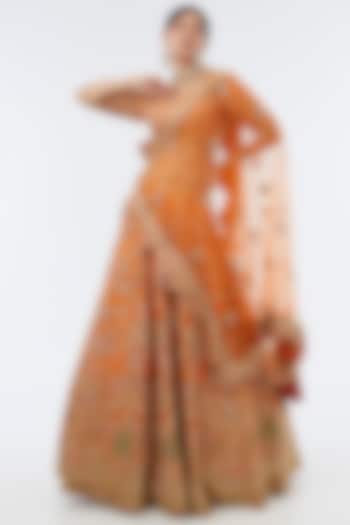 Orange Raw Silk Cutdana Embellished Lehenga Set by Kalighata