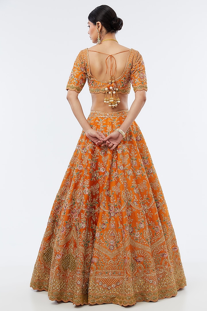 Orange Raw Silk Cutdana Embellished Bridal Lehenga Set by Kalighata at Pernia's Pop Up Shop
