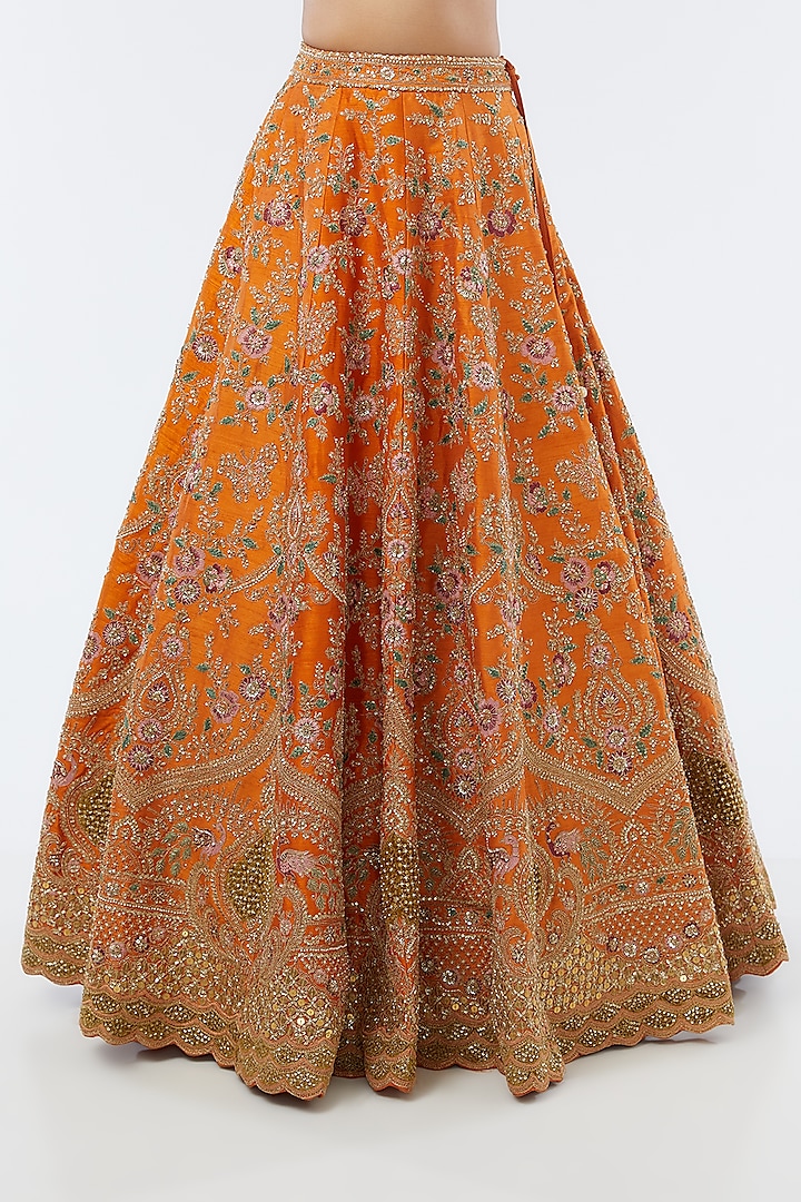 Orange Raw Silk Cutdana Embellished Bridal Lehenga Set by Kalighata at Pernia's Pop Up Shop