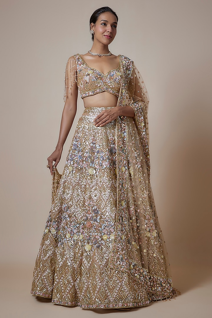 Grey Organza Sequins Hand & Machine Embroidered Bridal Lehenga Set by Kalighata at Pernia's Pop Up Shop