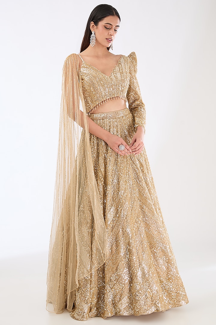 Gold Organza Hand Embroidered Bridal Lehenga Set by Kalighata at Pernia's Pop Up Shop