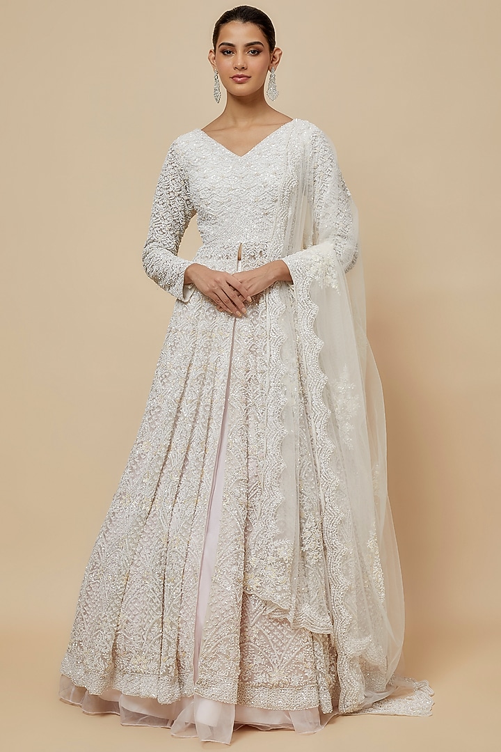 Ivory Organza Hand Embroidered Jacket Bridal Lehenga Set by Kalighata at Pernia's Pop Up Shop