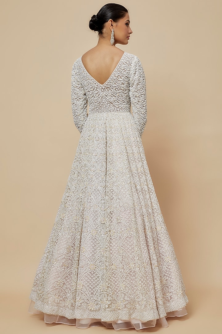 Ivory Organza Hand Embroidered Jacket Bridal Lehenga Set by Kalighata at Pernia's Pop Up Shop