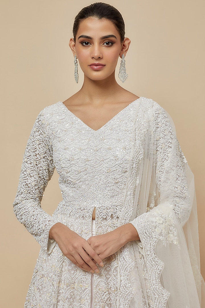 Ivory Organza Hand Embroidered Jacket Bridal Lehenga Set by Kalighata at Pernia's Pop Up Shop
