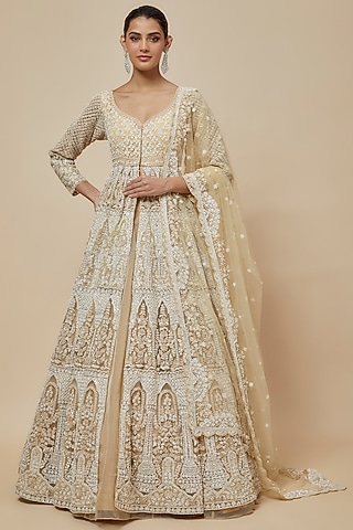 Beige Organza Hand Embroidered Jacket Lehenga Set by Kalighata