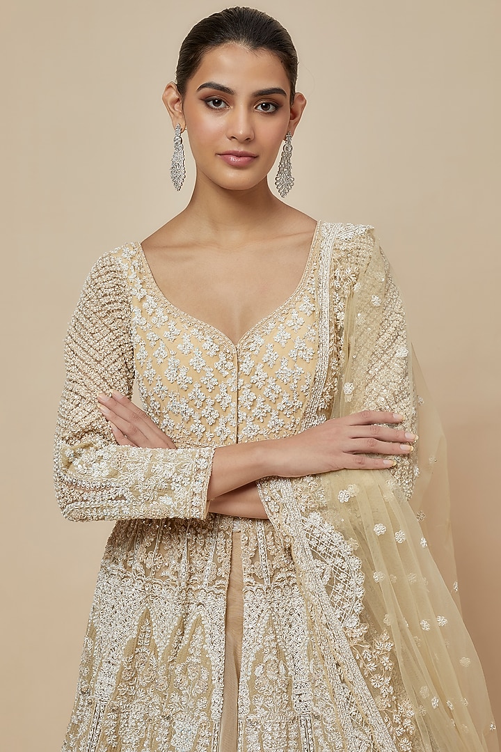 Beige Organza Hand Embroidered Jacket Bridal Lehenga Set by Kalighata at Pernia's Pop Up Shop