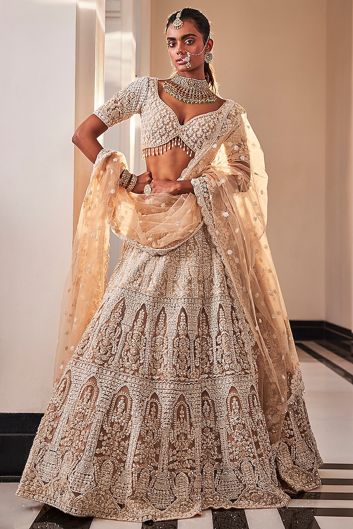 Peach Organza Hand Embroidered Lehenga Set by Kalighata