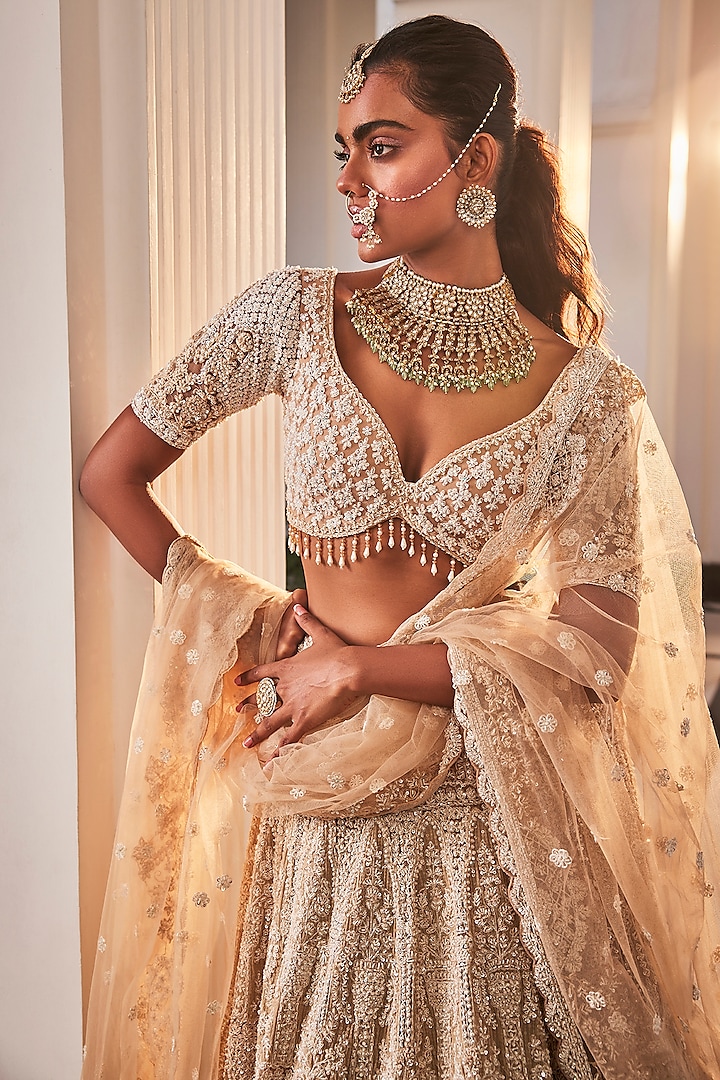 Peach Organza Hand Embroidered Bridal Lehenga Set by Kalighata at Pernia's Pop Up Shop