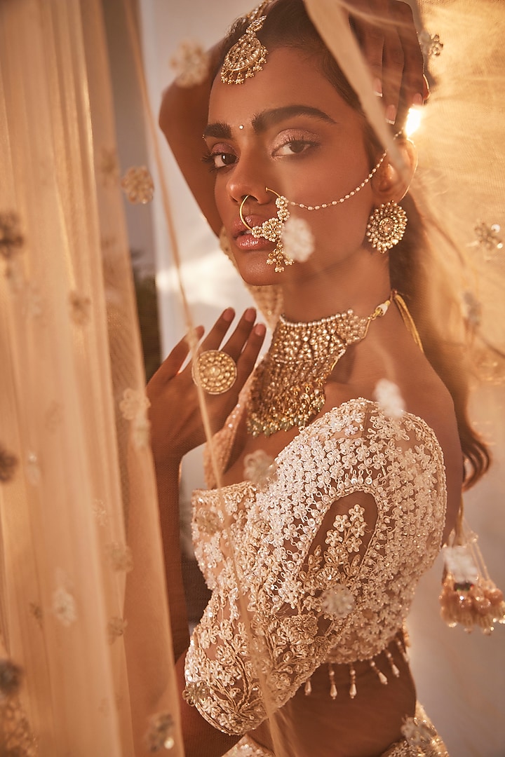 Peach Organza Hand Embroidered Bridal Lehenga Set by Kalighata at Pernia's Pop Up Shop