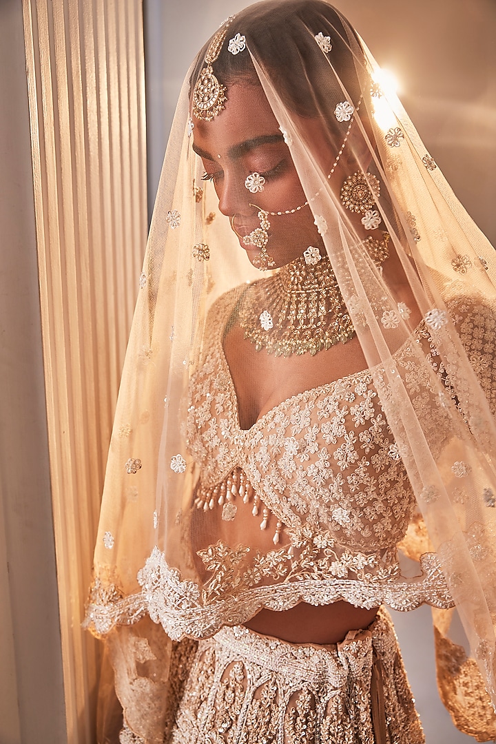Peach Organza Hand Embroidered Bridal Lehenga Set by Kalighata at Pernia's Pop Up Shop