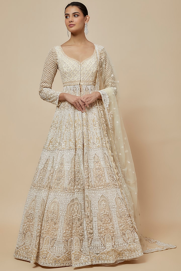 Peach Organza Hand Embroidered Jacket Lehenga Set by Kalighata