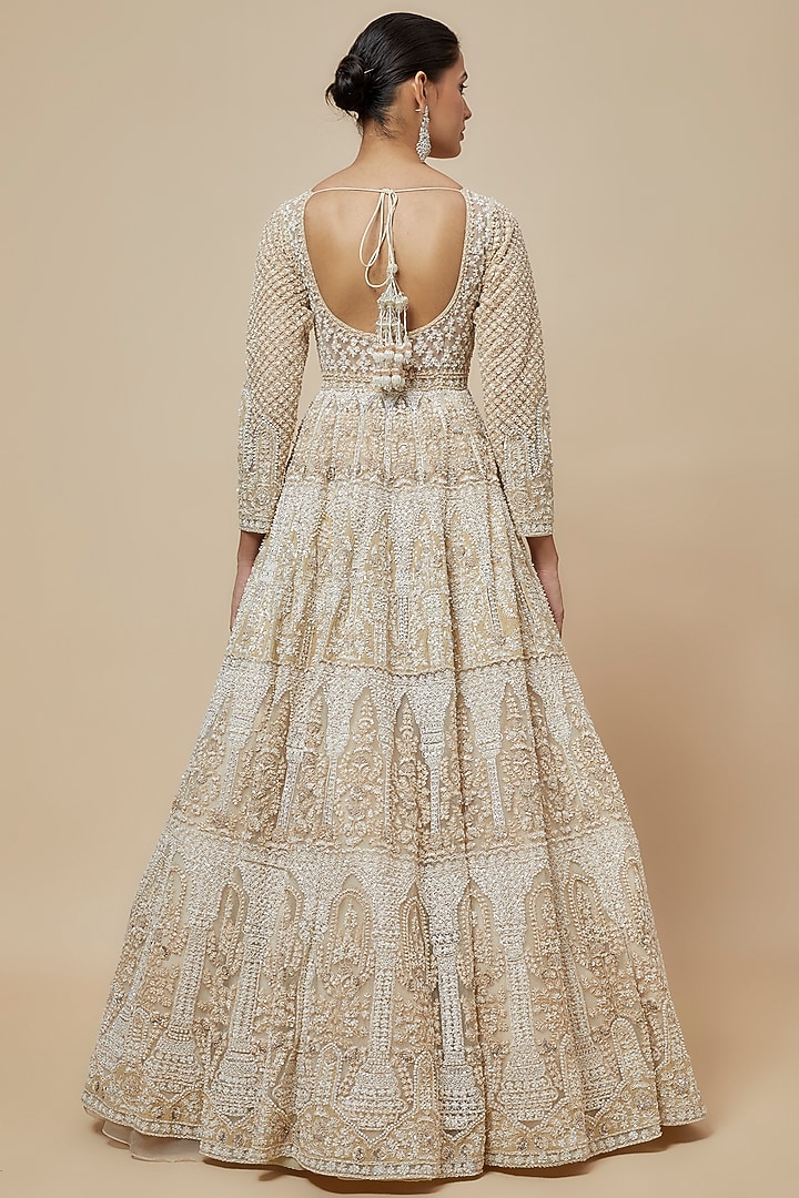 Peach Organza Hand Embroidered Jacket Bridal Lehenga Set by Kalighata at Pernia's Pop Up Shop