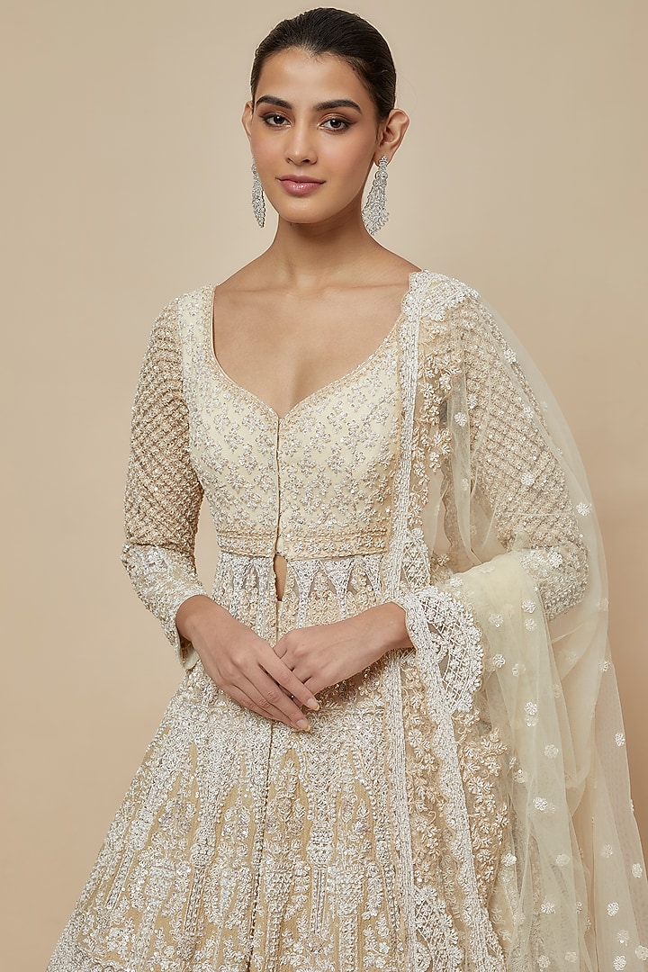 Peach Organza Hand Embroidered Jacket Bridal Lehenga Set by Kalighata at Pernia's Pop Up Shop
