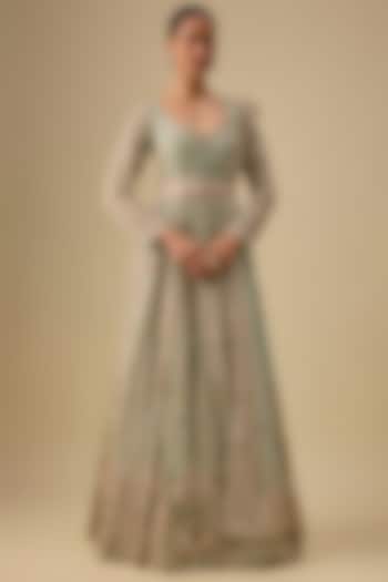 Aqua Organza Hand & Machine Embroidered Bridal Anarkali Set by Kalighata at Pernia's Pop Up Shop