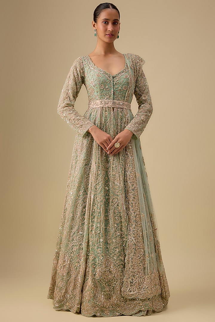 Aqua Organza Hand & Machine Embroidered Bridal Anarkali Set by Kalighata at Pernia's Pop Up Shop