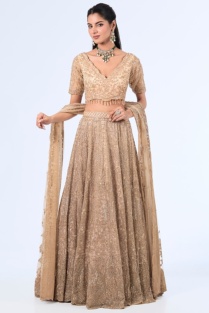 Peach Organza Cutdana & Zardosi Embroidered Bridal Lehenga Set by Kalighata at Pernia's Pop Up Shop