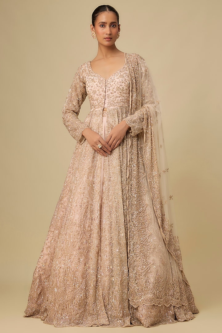 Peach Organza Hand & Machine Embroidered Jacket Bridal Lehenga Set by Kalighata at Pernia's Pop Up Shop