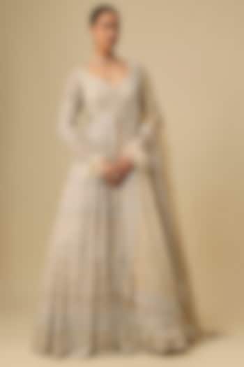 Gold Organza Hand & Machine Embroidered Jacket Bridal Lehenga Set by Kalighata at Pernia's Pop Up Shop